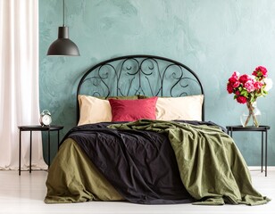 Elegant Bedroom with Black Metal Headboard (AI Generated)