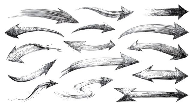 Diverse hand-drawn arrows in various dynamic styles, pointing in different directions.