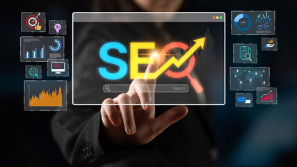 Fototapeta premium SEO concept for improving SEO visibility, with SEO related digital tools and SEO performance icons shown in an focused layout for strategic marketing. Spline