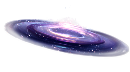 A breathtaking spiral galaxy shimmering with purple and blue light against a vast white background.