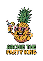 Cartoon pineapple sticker Archie the Party King wearing sunglasses and holding a cocktail, funny and colorful fruit mascot illustration on transparent background