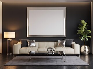 Luxurious living room interior with blank framed artwork cream sofa black marble coffee table and potted plant