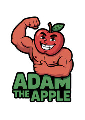Cartoon apple sticker Adam the Apple with strong arms and smiling face, funny fruit mascot illustration isolated on transparent background