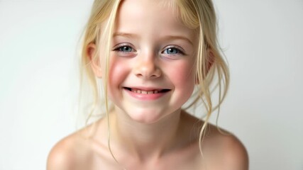 Happy little girl with rosy cheeks, blue eyes and blonde hair laughs sweetly