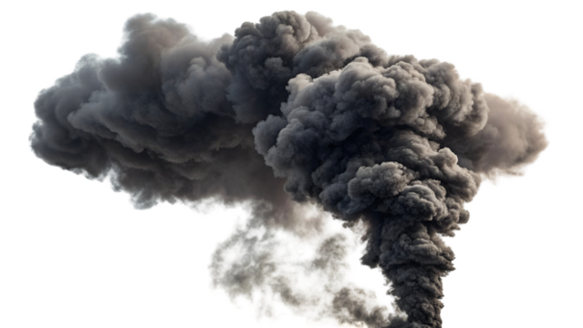 Dark smoke rising PNG on white background, sharp contrast, heavy thick vapor, detailed swirls, realistic smoky cloud, dramatic artistic effect, isolated element