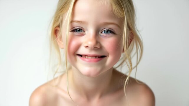 Happy little girl with rosy cheeks, blue eyes and blonde hair laughs sweetly