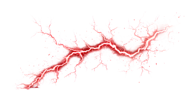 Vibrant red lightning strike crackles across a clean white background, symbolizing energy and power.