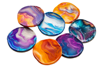 Artistic Collection of Colorful Agate Coasters on Clean Transparent Background