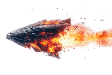 Spaceship explosion in flames and debris trail on transparent background