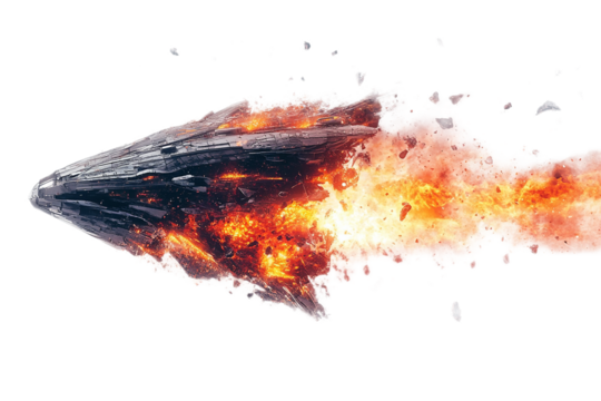 Spaceship explosion in flames and debris trail on transparent background