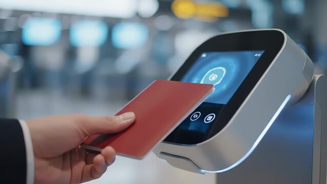 Passenger shows passport at automated border control gate