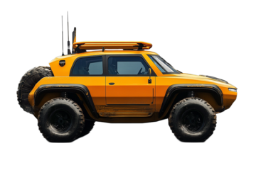Bold yellow off-road vehicle with spare tire carrier on transparent background