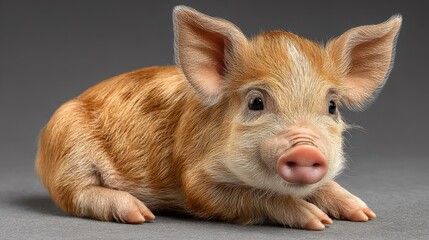 Fototapeta premium Cute piglet with soft fur resting on a surface while looking curiously at the camera indoors