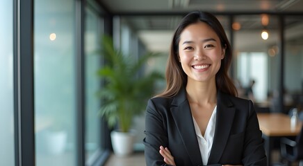 Fototapeta premium Confident Asian businesswoman smiling, modern office portrait, professional headshot. 
