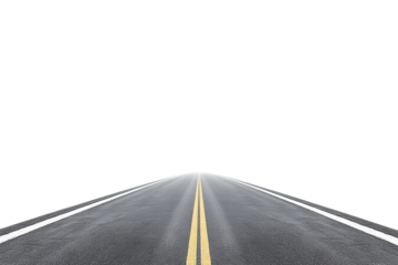Straight asphalt road with yellow lines perspective view on transparent background