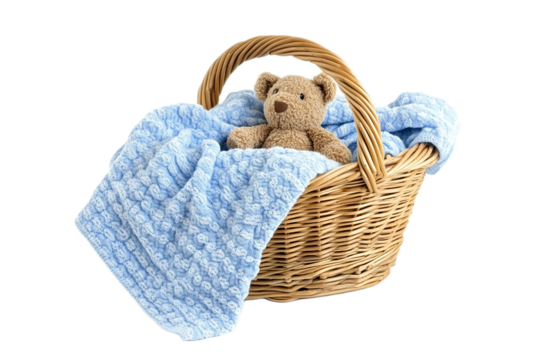 Adorable teddy bear in a basket with blue blanket on transparent background