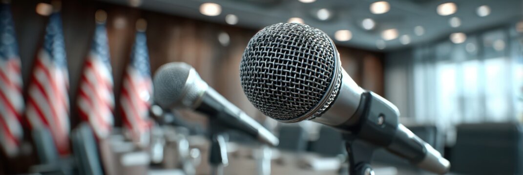 Meeting setup with microphones and flags in a conference room before an important discussion