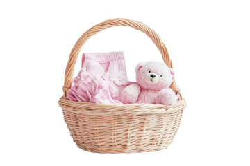 Pink baby gift basket filled with clothes and bear on transparent background