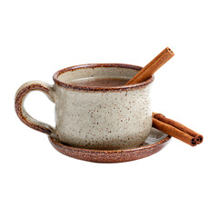 Cozy ceramic mug filled with warm beverage and infused with aromatic cinnamon sticks, perfect for a relaxing winter moment.