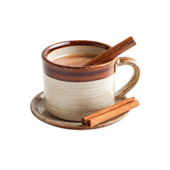 Cozy ceramic mug filled with warm spiced beverage and cinnamon sticks, perfect for a comforting autumn or winter treat.