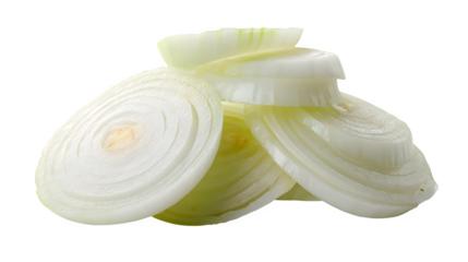 Freshly sliced white onion rings artfully stacked on a clean white background, ready for culinary inspiration.