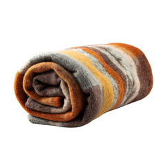 Cozy striped throw blanket rolled invitingly, perfect for adding warmth and rustic charm to any home decor setting, evoking comfort and relaxation.