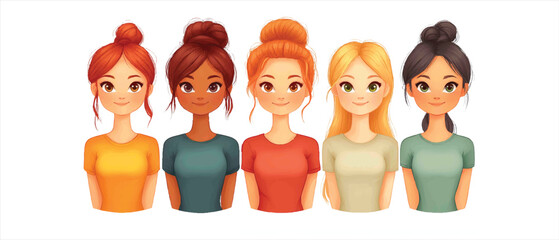 Широкий форматDiverse group of girls with different hairstyles and outfits standing together, showcasing beauty and friendship in a lively setting