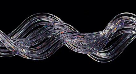 Abstract swirling glass fiber strand with rainbow colors and light reflections on a black background