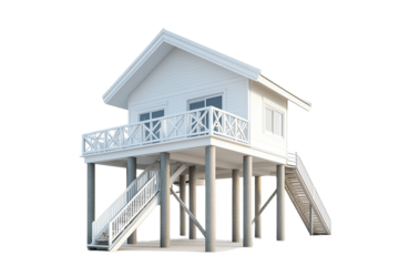 Quaint white beach house on stilts against transparent background