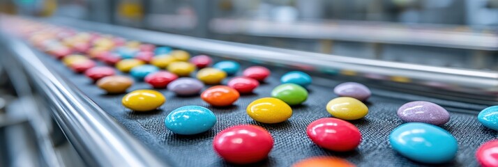 Colorful candy m&ms moving on a conveyor belt in a busy factory during production process