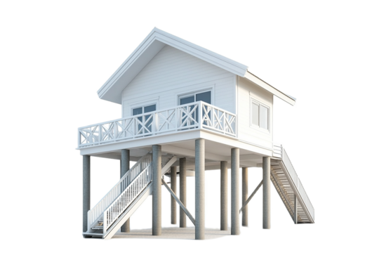 Quaint white beach house on stilts against transparent background - Powered by Adobe