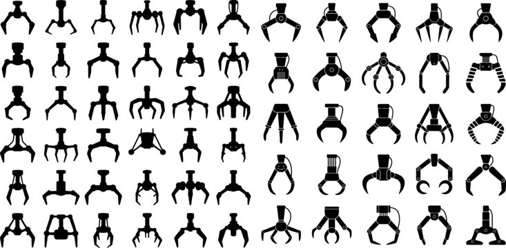 Vector set of various robot claw and gripper silhouettes isolated on white background