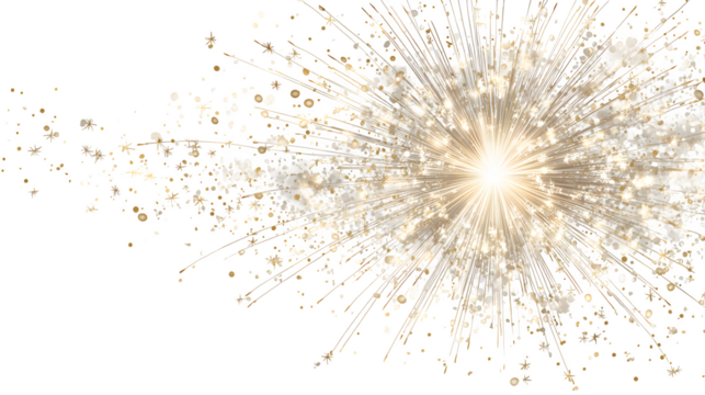Bright golden light explodes outward with shimmering particles, creating a celebratory, energetic burst.