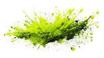 Vibrant green paint splatters explode outwards with energy against a clean white background.