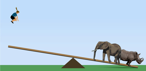 A girl determined to move an elephant and a rhino displays great determination as she leaps onto a teeter totter far below her in a 3-d illustration.