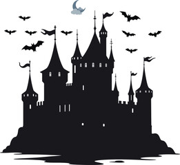 Haunted castle silhouette with bats and moon, gothic horror fantasy vector illustration