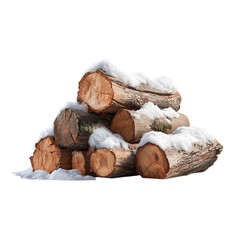 Stacked firewood logs dusted with fresh snow, ready for cozy winter evenings, evoking warmth and rustic charm.
