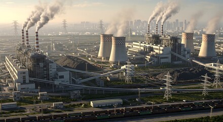 Industrial Power Plant with smoke stacks emitting plumes of steam into the air