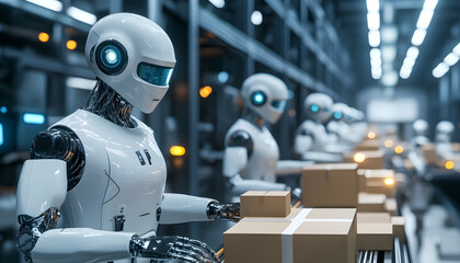 Fototapeta premium Futuristic humanoid robots sorting packages on conveyor belts in a high-tech warehouse with bright light and abstract industrial background