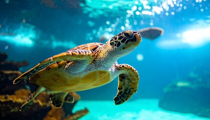 Obraz premium Beautiful sea turtle swimming in an aquarium.