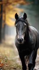 Fototapeta premium Black horse walking through a misty autumn forest path surrounded by colorful leaves