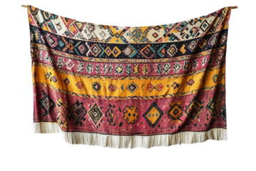 Beautiful bohemian styled multicolored tapestry with hanging fringe on transparent background
