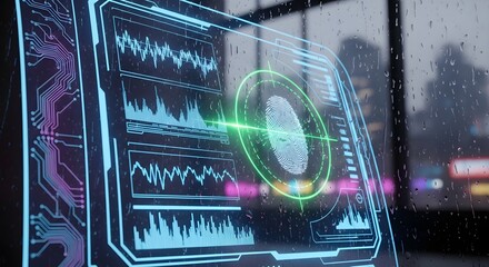 Futuristic fingerprint scan technology with data analysis interface in rainy city backdrop