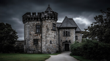 Fototapeta premium Dark castle stands ominously in a fantasy landscape under a stormy sky