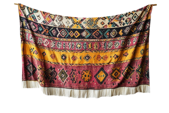 Beautiful bohemian styled multicolored tapestry with hanging fringe on transparent background