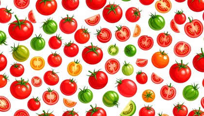 A repeating pattern of whole and sliced tomatoes in various colors.