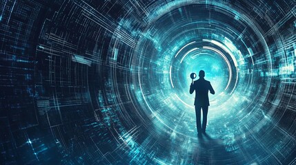 Silhouette of a man holding a magnifying glass in a futuristic digital tunnel with glowing patterns