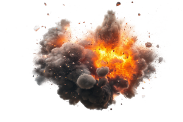 Dramatic explosion with smoke and debris, isolated on transparent background