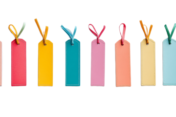 Vibrant pastel bookmarks tied with string, lined up on transparent background