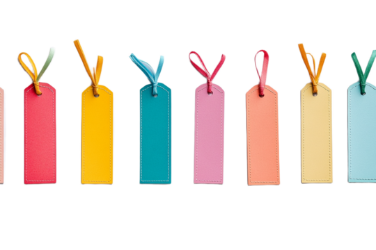 Vibrant pastel bookmarks tied with string, lined up on transparent background